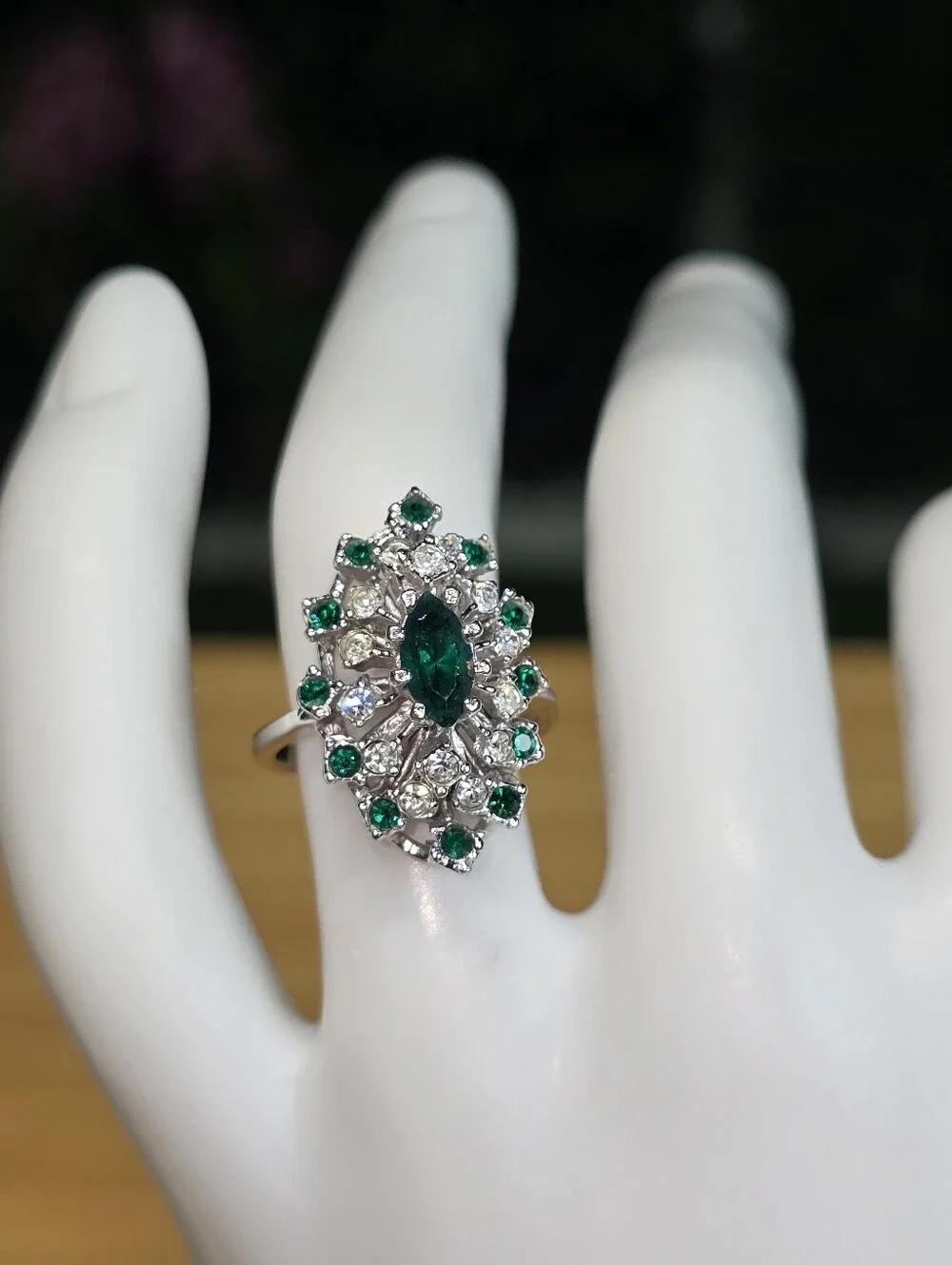 Emerald Green Tone Marquise Cluster Ring - Women Jewelry - Picture 3 of 12
